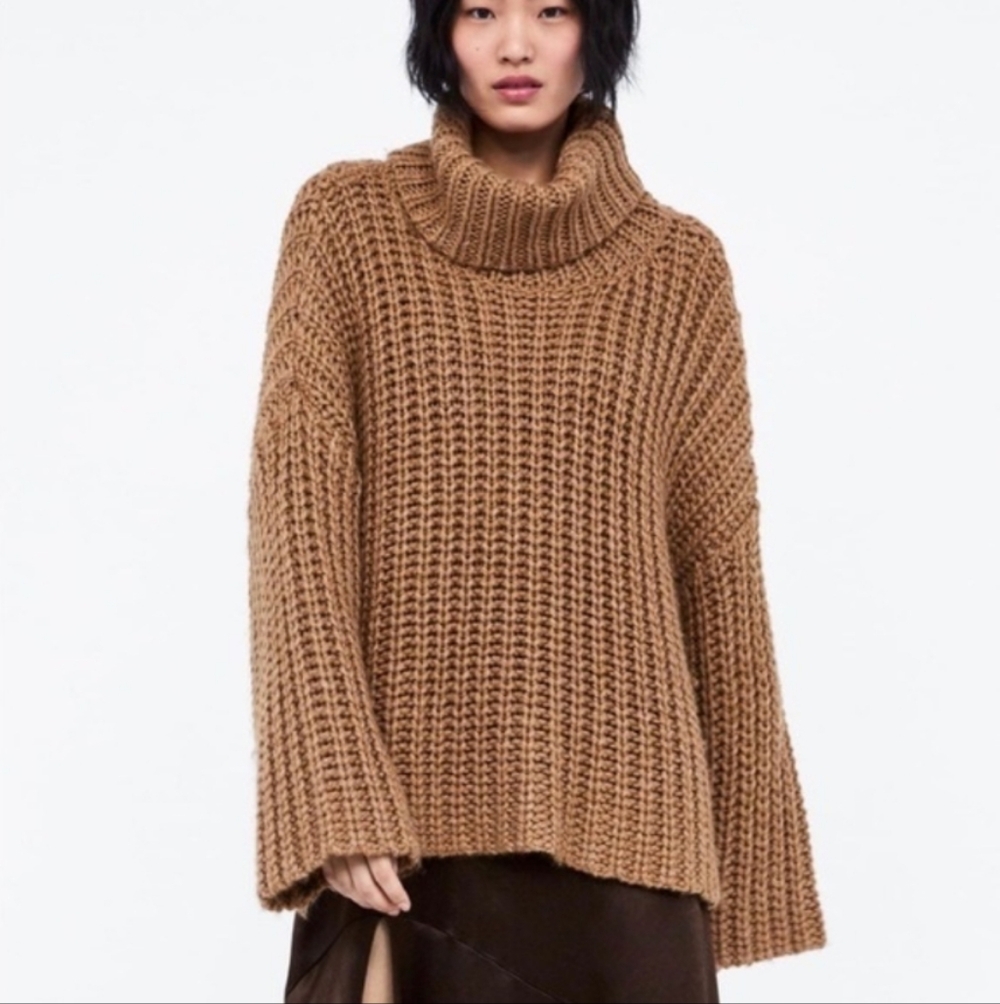 Zara oversized chunky knit sweater turtleneck brown medium